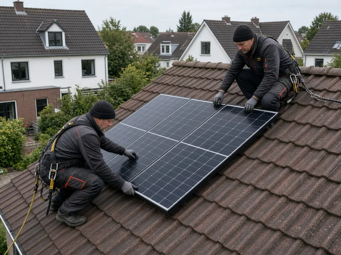 Monteurs installeren zonnepanelen op een schuin dak